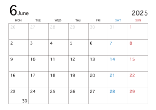 2025年6月カレンダー（月曜始まり）