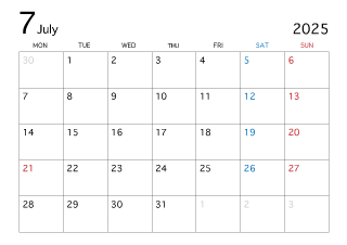 2025年7月カレンダー（月曜始まり）
