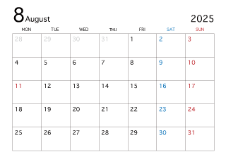 2025年8月カレンダー（月曜始まり）