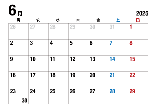 2025年6月カレンダー（月曜始・太字）