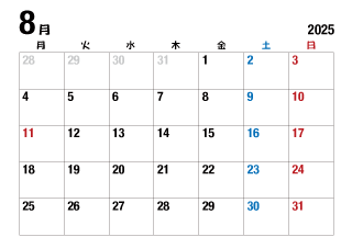 2025年8月カレンダー（月曜始・太字）