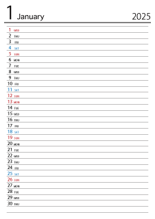 2025年1月スケジュールカレンダー