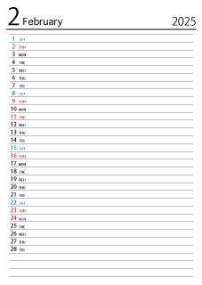2025年2月スケジュールカレンダー