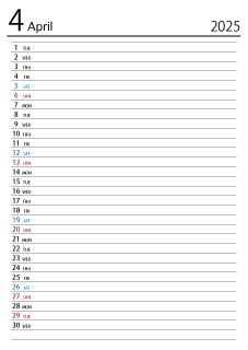 2025年4月スケジュールカレンダー