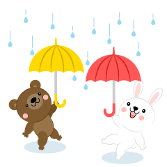 雨にはしゃぐクマとウサギ