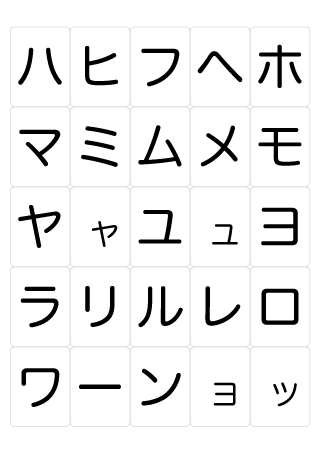 「アイウエオ」カタカナカード（ハ行〜ワ行）