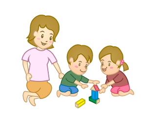 積み木遊びする子供と母親