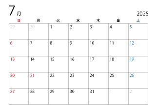 2025年7月カレンダー（日本語）