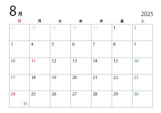 2025年8月カレンダー（日本語）