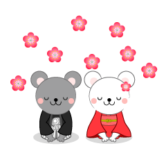 新年挨拶するネズミ夫婦と梅の花