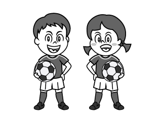笑顔のサッカー少年と少女（白黒）